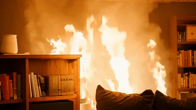 Intense House Fire Consuming Living Room Interior