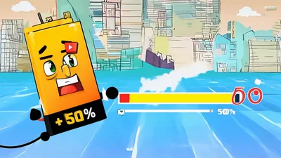 Animated Battery Character Charging Up In Digital City