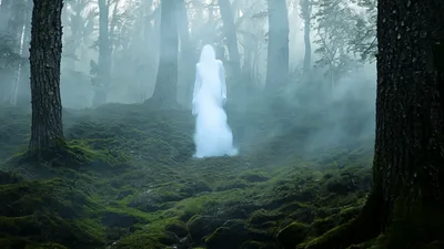 Ethereal Ghostly Woman Appearing In A Misty Forest