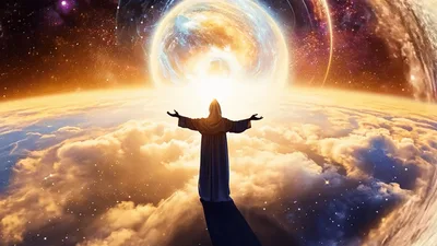 Figure Standing Before A Glowing Celestial Portal In Space