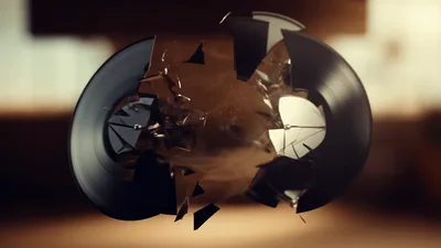 Black Vinyl Record Shattering Into Pieces In Midair