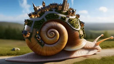 Surreal Snail Carrying A Miniature City On Its Shell