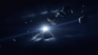 Asteroid Field Floating Near A Bright Distant Star