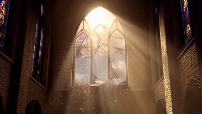Stained Glass Church Window Shattering Into Colorful Fragments