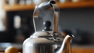 Steaming Stainless Steel Tea Kettle On Kitchen Stove