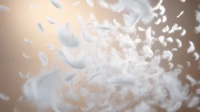 White Feathers Exploding Outward Against Soft Beige Background