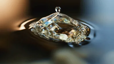 Macro Water Drop Impact Creating Complex Surface Ripples