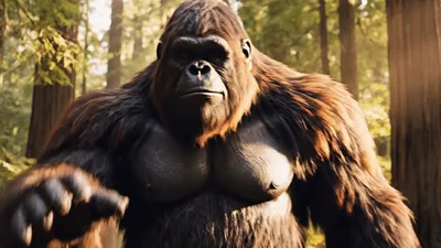 Large Gorilla Walking Through Forest And Waving Hello