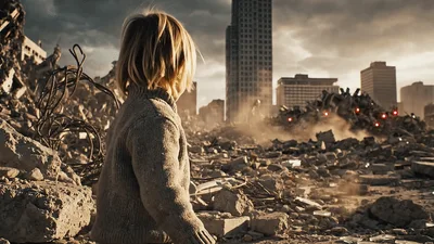 Young Child Playing With Toy Car In War Torn City