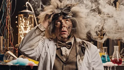Mad Scientist Reacting To Laboratory Explosion In Smoke