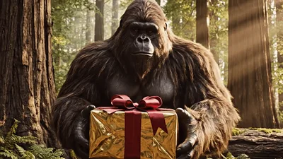Large Gorilla Holding A Golden Gift In Redwood Forest