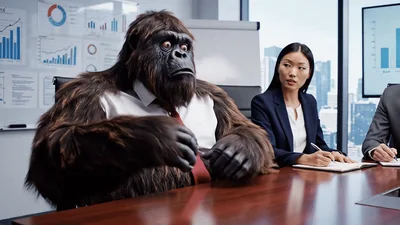 Gorilla Businessman Sitting In A Corporate Boardroom Meeting