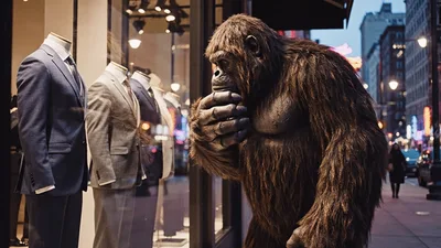 Gorilla Looking At Suits In A Store Window