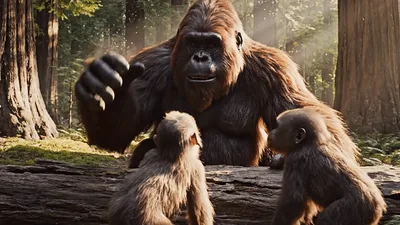 Large Gorilla Interacting With Playful Baby Gorillas In Forest