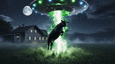 UFO Abducting A Cow From A Farm At Night