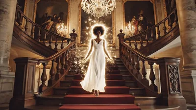 Glowing Woman Descending Grand Staircase in Elegant Mansion