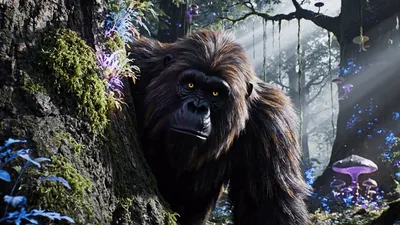 Large Ape Emerging From Behind A Tree In Enchanted Forest