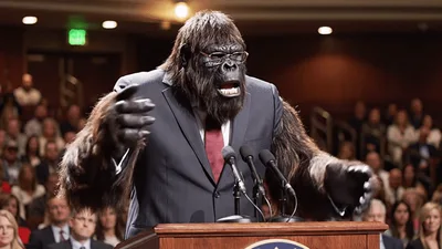 Gorilla In A Business Suit Giving A Press Conference