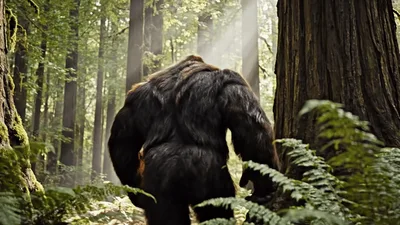 Bigfoot Walking Away Into A Misty Redwood Forest