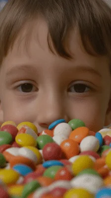 Young Boy Looking Over A Pile Of Colorful Candies
