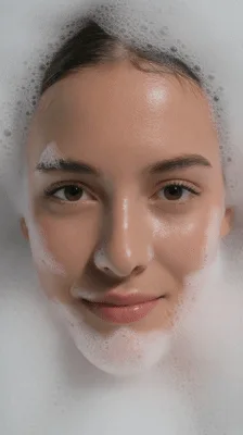 Young Woman Emerging From Thick White Bath Foam