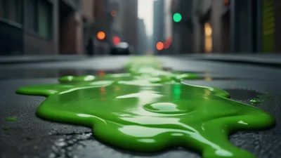 Neon Green Slime Spreading Across Wet City Street