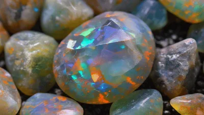 Faceted Opal Gemstone Resting Among Raw Uncut Stones