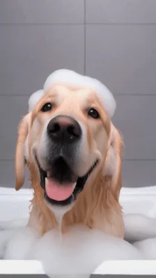 Golden Retriever Dog Enjoying A Bubble Bath