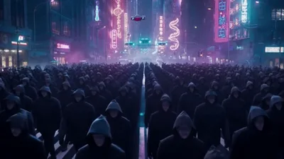 Crowd Of Hooded Figures Walking Through Neon City Street