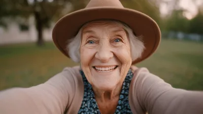 Happy Elderly Woman Taking A Selfie In The Park