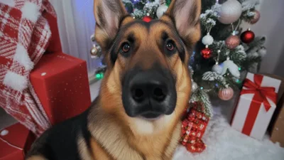 German Shepherd Dog Sitting Near Christmas Tree