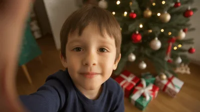 Young Boy Taking A Selfie In Front Of Christmas Tree