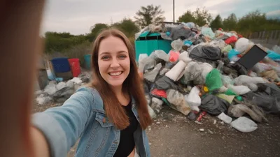 Young Woman Taking Selfie Video In Front Of Trash Pile
