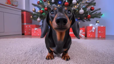 Dachshund Dog Walking Towards Camera In Christmas Setting