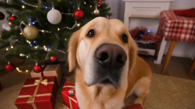 Golden Retriever Dog Sitting Near Christmas Tree