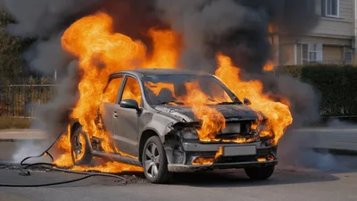 Grey Sedan Engulfed In Intense Vehicle Fire