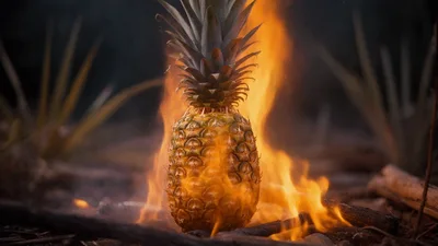 Whole Pineapple Burning In A Campfire