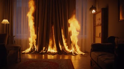Large Curtains Burning Inside A Living Room