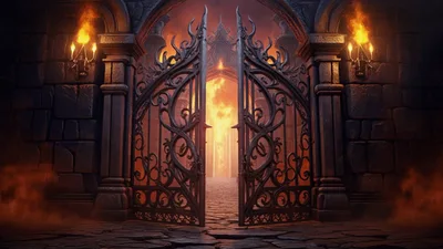 Ornate Iron Gates Opening To A Fiery Hellscape