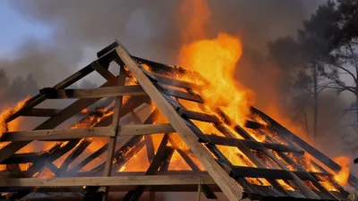 Wooden Roof Structure Engulfed In Intense Fire