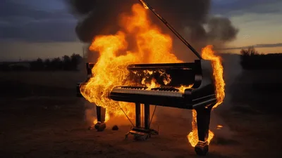 Grand Piano Engulfed In Intense Flames Outdoors