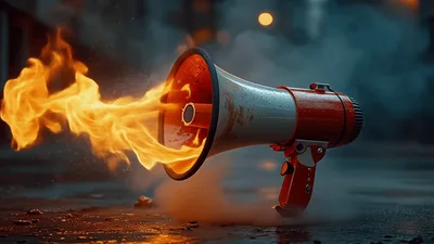 Red Megaphone Emitting Intense Flames On Wet Street