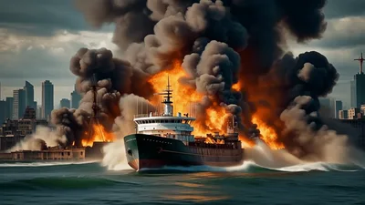 Cargo Ship Sailing Past Burning City Waterfront