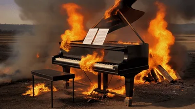 Grand Piano Burning In An Open Field
