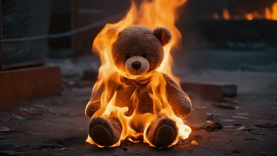 Teddy Bear Sitting On Ground Engulfed In Flames