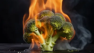 Fresh Broccoli Head Engulfed In Intense Flames