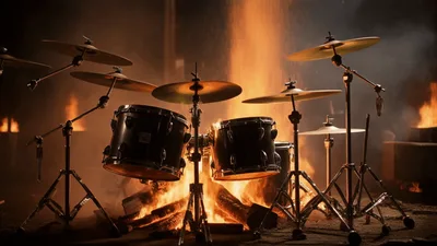 Drum Kit Surrounded By A Roaring Campfire
