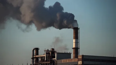 Industrial Factory Chimney Emitting Thick Dark Smoke