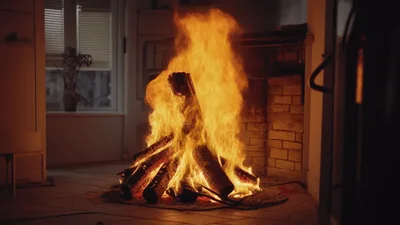 Large Indoor Campfire Burning Brightly In A Living Room