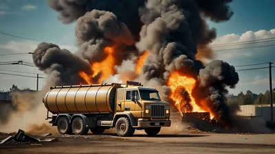 Golden Tanker Truck Parked Before Massive Industrial Fire